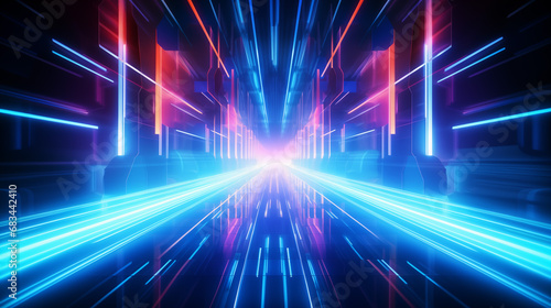 Abstract technology futuristic glowing neon blue and pink light lines with speed motion moving on dark blue background 