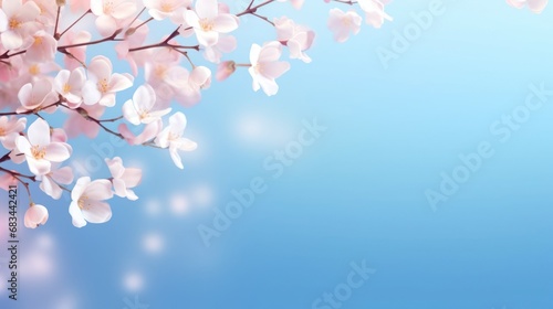 Cherry blossoms on a light blue and toned pink background. Close-up outdoor summer spring flower background template, air, light, delicate artistic image, free space © venusvi