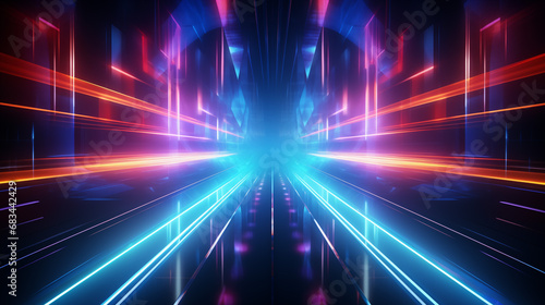 Abstract technology futuristic glowing neon blue and pink light lines with speed motion moving on dark blue background	