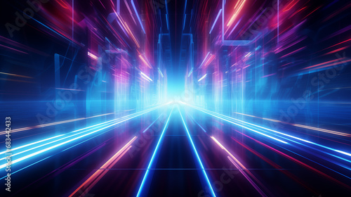 Abstract technology futuristic glowing neon blue and pink light lines with speed motion moving on dark blue background 
