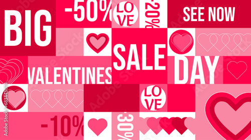 Valentines day sale banner with abstract cube background , bauhaus, valentine 's day. photo