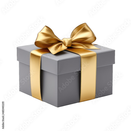 Gray gift box with gold bow isolated on transparent and white background. PNG transparent