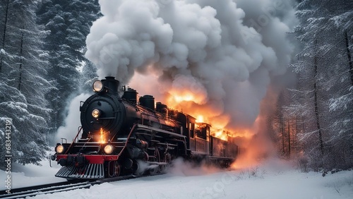 steam train in the snow  A burning, steam train exploding, on fire, flames that puff out white smoke as it travels   photo