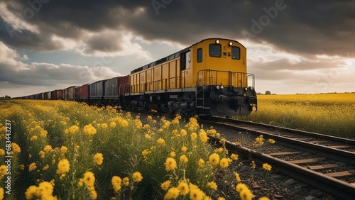 train in the countryside A cargo train that transports different products along the rails. The train is lengthy and diverse, 