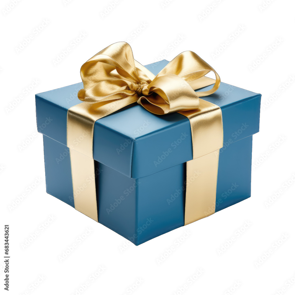 Blue gift box with gold bow isolated on transparent and white background. PNG transparent Blue gift box with gold bow isolated on transparent and white background. PNG transparent