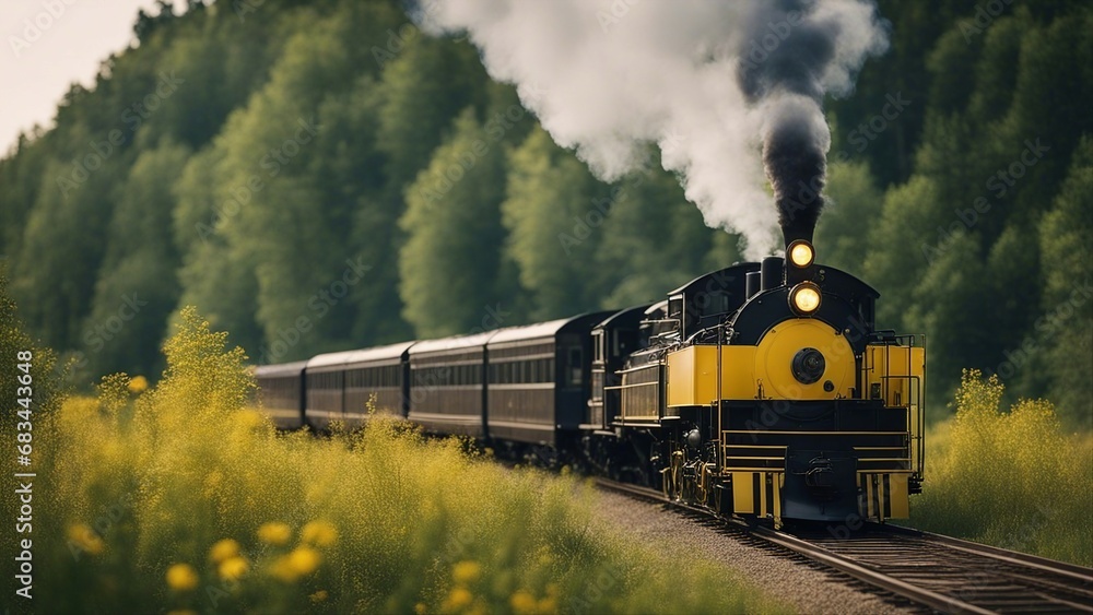 Fototapeta premium steam train in the forest A retro western train that smokes along a grassy prairie. The train is black and yellow,