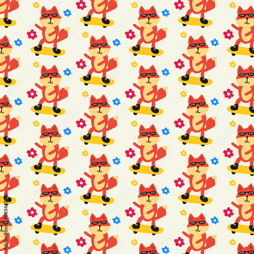 Cute fox playing skateboard Seamless pattern. for fabric, print, textile and wallpaper Cute fox playing skateboard Seamless pattern. for fabric, print, textile and wallpaper