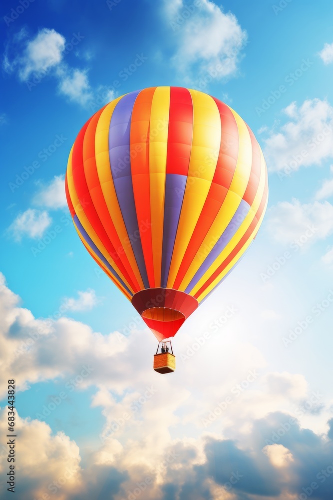 Obraz premium Colorful hot air balloon and aerostat floating in the blue sky. A delightful depiction of airborne adventure and the joyous spirit of celebration.