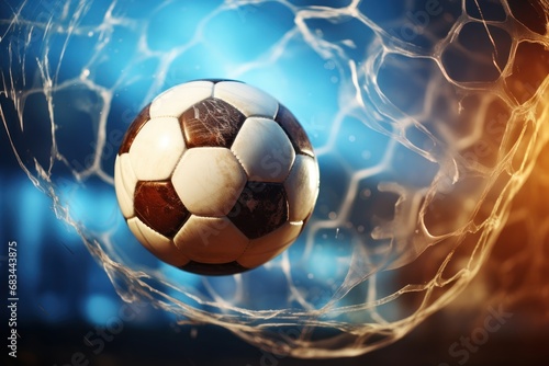 Soccer ball in the net on a dark background. Football or Soccer Concept With Copy Space. Goal Concept.