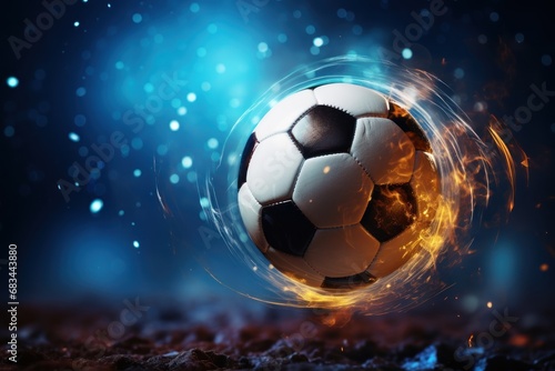 Soccer ball on fire with light rays and smoke. Football or Soccer Concept With Copy Space. Goal Concept.