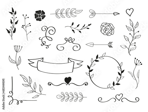Wedding doodle elements vector. Vintage swirl element. Leaves branch, floral frames,