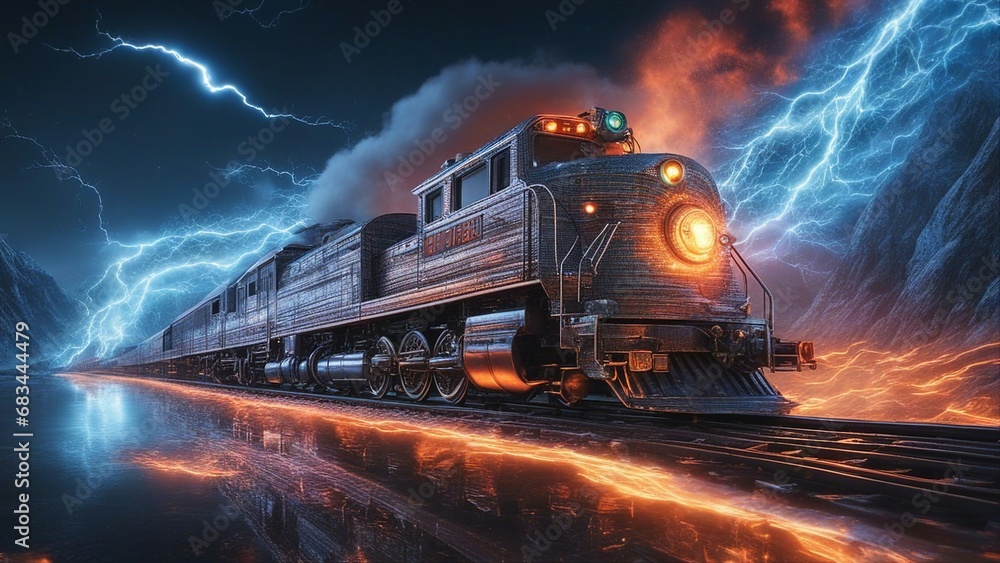 train in the night train driving through fire and ice, with lightning sinister train in the night train driving through fire and ice, with lightning sinister