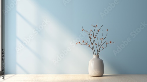 Empty interior scene with a blue wall  where a vase with a branch sits on a table near a window  capturing the stillness and simplicity of the space