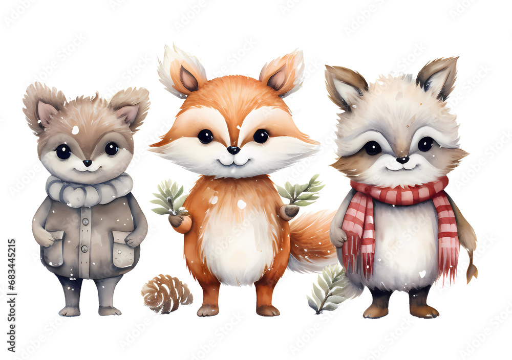Set of three Cute Woodland Creatures watercolor illustration isolated png