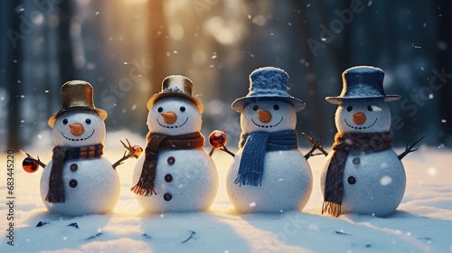 Family of snowmen on a winter background. Christmas background, funny snowmen on the snow. photo
