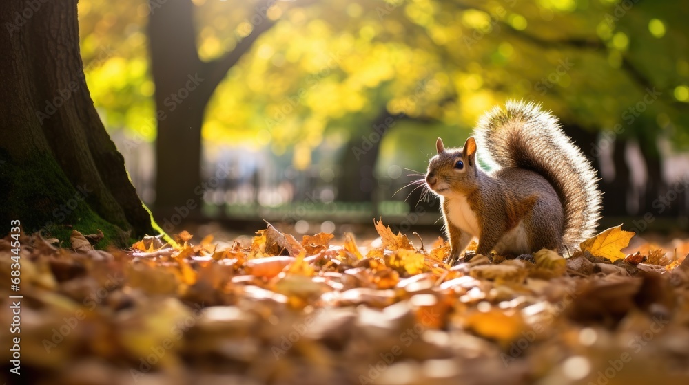 A nimble squirrel foraging for acorns in a vibrant urban park A nimble squirrel foraging for acorns in a vibrant urban park