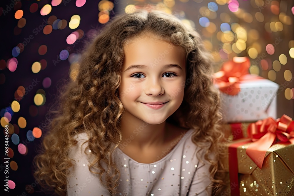 An adorable little girl, full of wonder and joy, celebrates Christmas or a birthday with holiday decorations and a beautifully wrapped gift. An adorable little girl, full of wonder and joy, celebrates Christmas or a birthday with holiday decorations and a beautifully wrapped gift.
