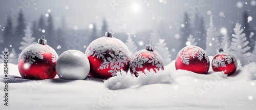 red and silver Christmas balls on a winter background. banner. christmas banner