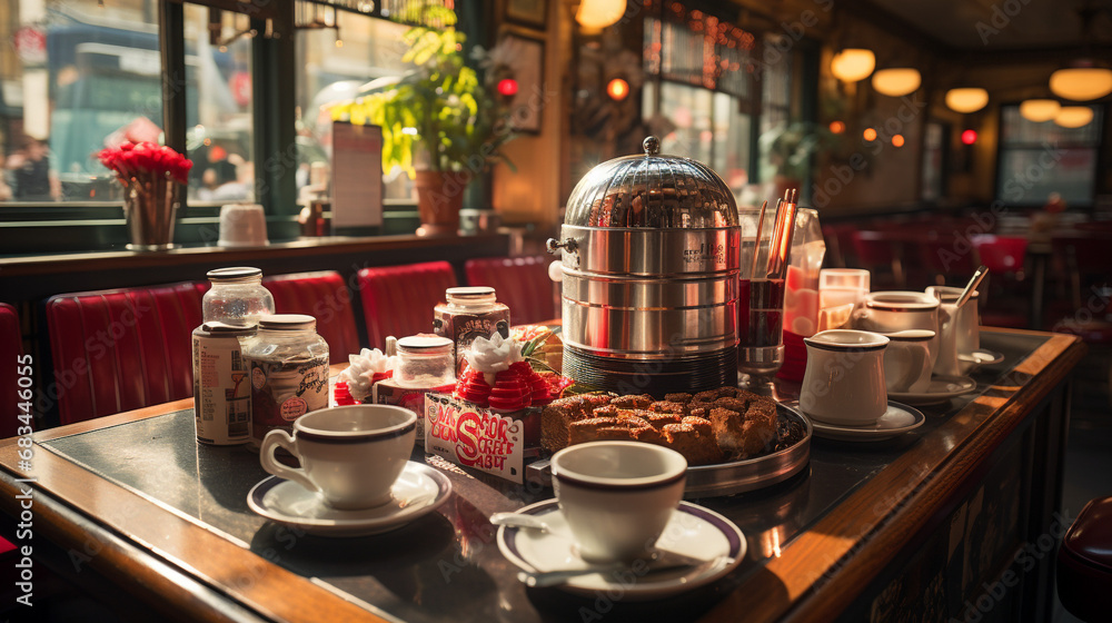 Fototapeta premium Retro Diner Delight: Classic Atmosphere with Iconic Checkered Tablecloth. Generative AI.