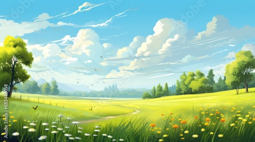 Beautiful spring meadow with fresh grass and yellow dandelions in nature. 