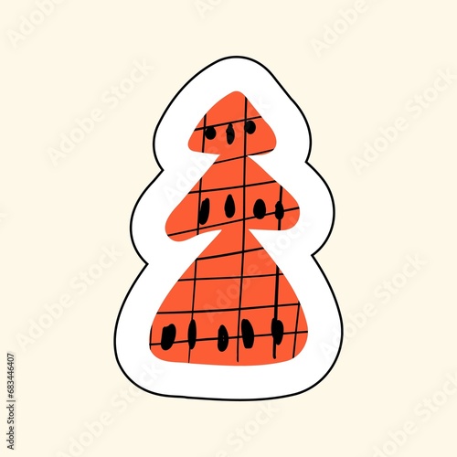 Sticker Red Tree On A Beige Background, Sketch for printing on children's products, photo