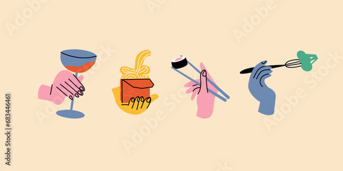 Vector illustration set of hands with food and drink.