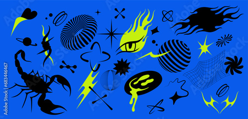 Vector set with Y2k stickers and patches for sale and discount promotion. Social media banner or background