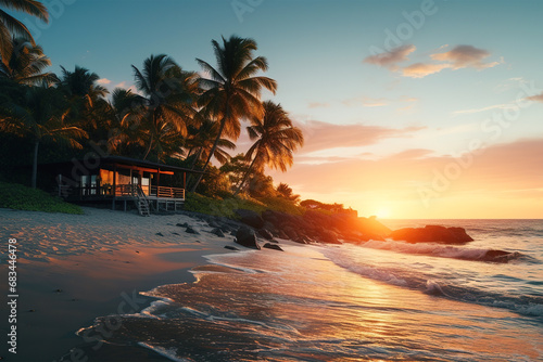 A hut near the sea at sunset in the tropics.