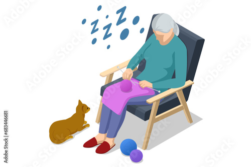 Isometric old woman knits. Granny knitting in her armchair next to a cat playing with a ball of yarn. Hobbies, needlework, handicraft, leisure, relaxation.