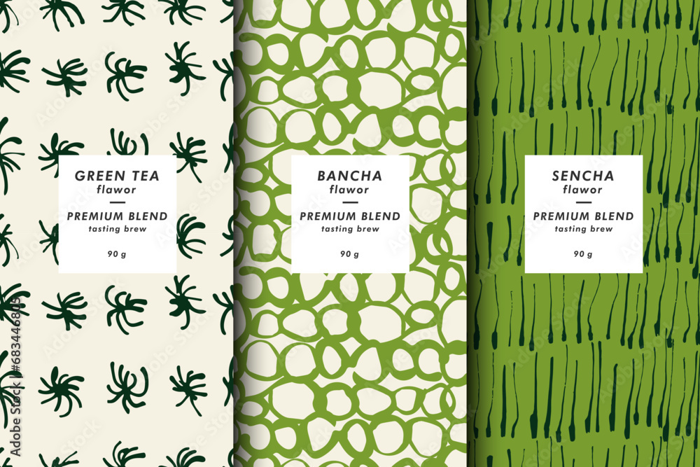 Vector illustration set of templates contemporary abstract cover and patterns for green tea packaging with labels. Minimal modern backgrounds