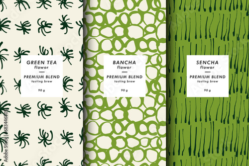 Vector illustration set of templates contemporary abstract cover and patterns for green tea packaging with labels. Minimal modern backgrounds