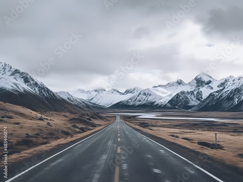 a narrow roadway going towards mountains covered with snow in in winters