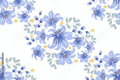 floral seamless pattern blue flowers motifs embroidery  ikat oriental batik watercolour design background border wallpaper. Floral  motifs seamless pattern Vector illustration 