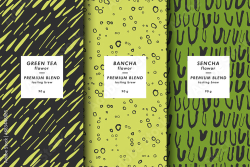 Vector illustration set of templates contemporary abstract cover and patterns for green tea packaging with labels. Minimal modern backgrounds