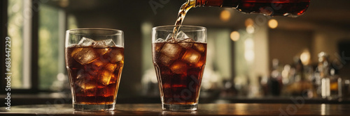 two cups of cola soft drink being poured into glass photo