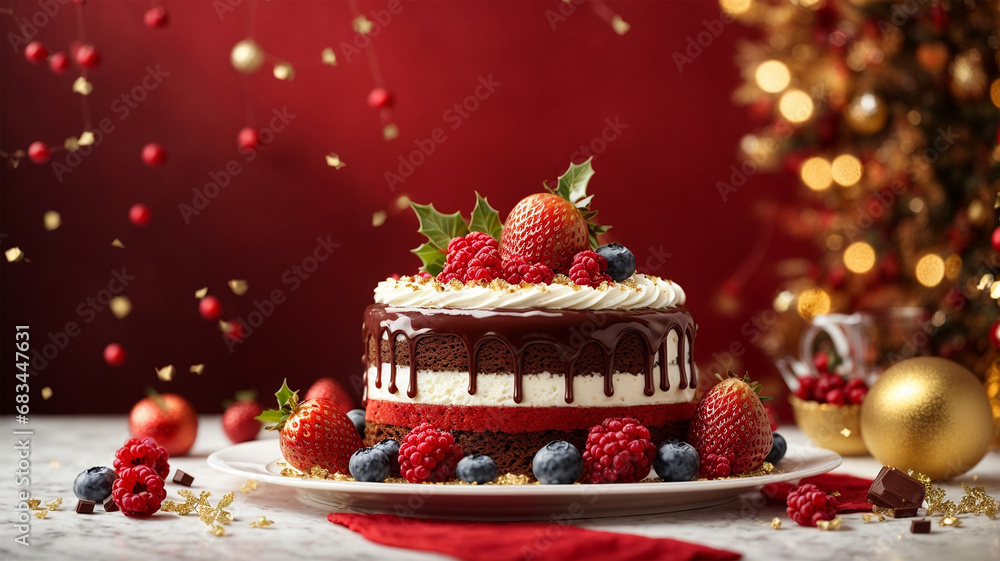 Christmas cake with berries and chocolate on red background. Festive and delicious dessert for holiday season. Copy space for text or graphics. Christmas cake with berries and chocolate on red background. Festive and delicious dessert for holiday season. Copy space for text or graphics.