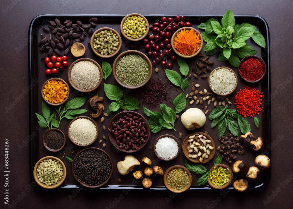 An indoor oasis of culinary delight, bursting with vibrant ingredients and exotic spices, resting upon a clean white canvas. An indoor oasis of culinary delight, bursting with vibrant ingredients and exotic spices, resting upon a clean white canvas.