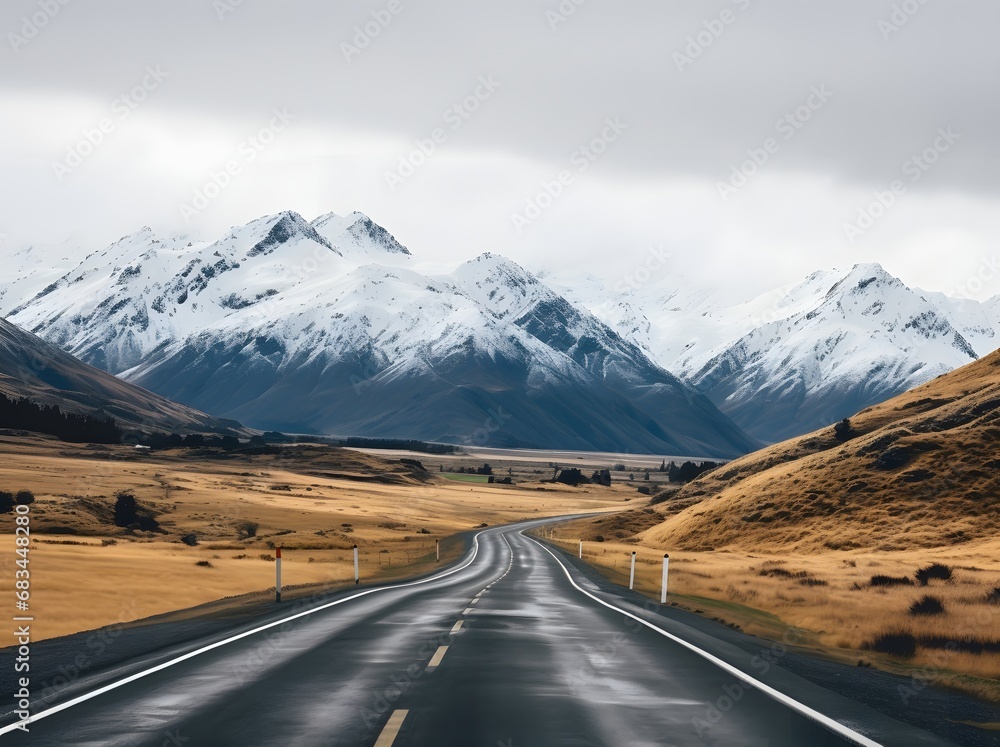 a narrow roadway going towards mountains covered with snow in in winters