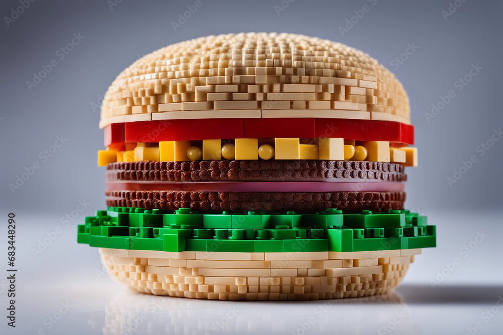 A hamburger made out of toy plastic brick blocks. Concept for artificial, man-made or imitation foods produced in laboratory using chemicals and other synthetic material. Unnatural, false, fake food. - obrazy, fototapety, plakaty 