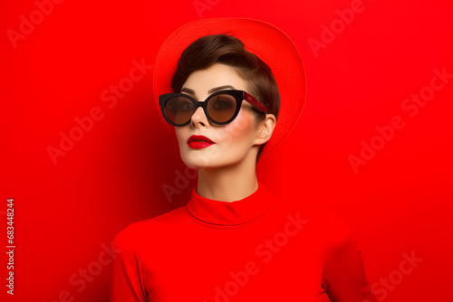 smiling European woman with glasses in her 30s. red background