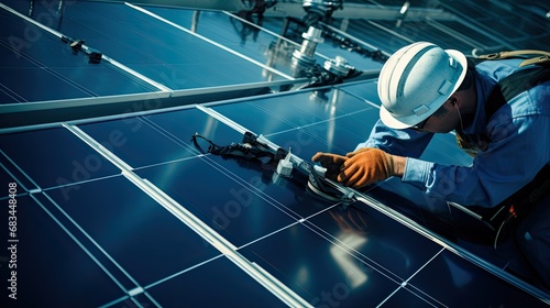 The aerial view of solar panel and engineer worker installing and checking maintain solar panel energy green system in the rooftop of building and home