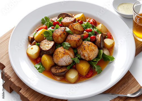 A savory stew in a vibrant bowl, filled with tender meat, fresh vegetables, and a colorful garnish, sitting atop a rustic wooden table, evoking a sense of comfort and satisfaction in every bit.  photo