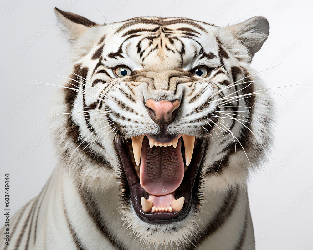 a white tiger opens its mouth, in the style of white background