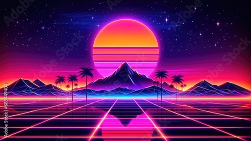 Abstract retro sci-fi grid 80's, 90's neon colors night and sunset, vintage cyberpunk illustration, retro synthwave style neon landscape background. photo