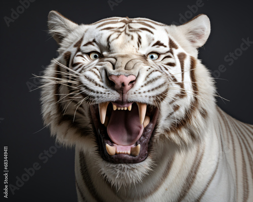 a white tiger opens its mouth, in the style of white background