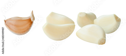 Set of peeled and unpeeled garlic cloves isolated with clipping path in png file format. Front view and flat lay