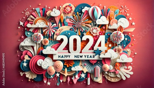 Happy New Year 2024 background, 3D paper art style celebration with layered ribbons, stars and balloons.