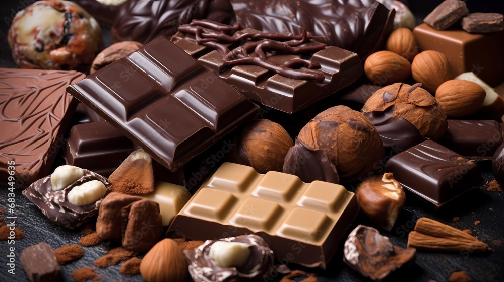 Assortment of chocolate. A tempting display capturing the delicious variety and decadence of different types of chocolate treats and sweets. Assortment of chocolate. A tempting display capturing the delicious variety and decadence of different types of chocolate treats and sweets.