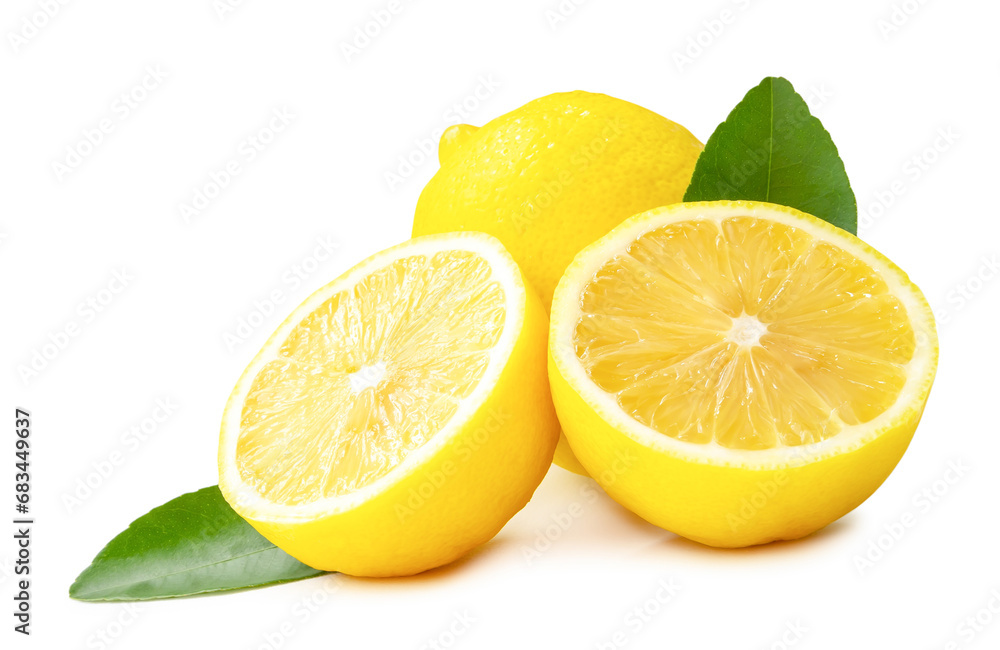 Whole fresh yellow lemon with halves and leaves in stack isolated on white background with clipping path Whole fresh yellow lemon with halves and leaves in stack isolated on white background with clipping path
