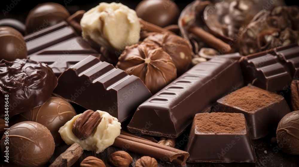 Assortment of chocolate. A tempting display capturing the delicious variety and decadence of different types of chocolate treats and sweets.